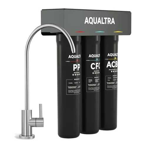 AQUALTRA USF-3F-15 Sistema bajo fregadero ligeramente alcalino con grifo, 30000–151000L, reduce PFOA, PFOS, cloro, plomo, mercurio, cloramina, fluoruro, microplásticos, mal sabor y olor