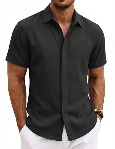COOFANDY Camisa Hombre Manga Corta Verano 100% Algodón Camisas Hombre Casual Regular Fit Negro XXL