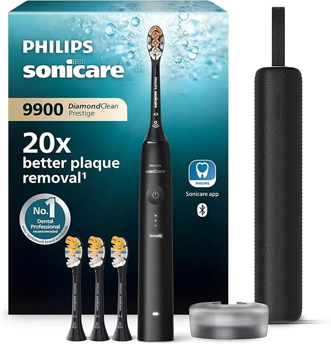 Philips Sonicare DiamondClean 9900 Prestige cepillo dental eléctrico, con SenseIQ y app, 5 modos, 3 intensidades, estuche de viaje cargador, negro, modelo HX9992/43, Negro, 4 Cabezales