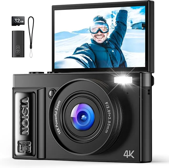 Camara de Fotos Digital 4K Profesional: Cámara Digital con Pantalla Abatible 180° - Camaras Compacta con 32GB Tarjeta - 16X Zoom Camara para Principiantes Niña Niños Chico - Negro YYZA9