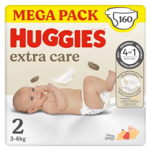 Huggies Extra Care Pañales para Recién Nacido con diseños Disney Talla 2 (3-6 kg) 160 pañales, con almohadillas suaves y 2 zonas absorbentes