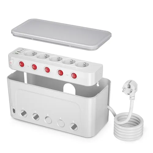 Caja Organizadora de Cables con Regletas Enchufes,Enchufe Multiple con Interruptor,Ladron Enchufes 5 Tomas y 4 USB,Caja Para Guardar Gestión de Cables Pared con Regleta 1,5M Cable,29*14*14CM,Blanco