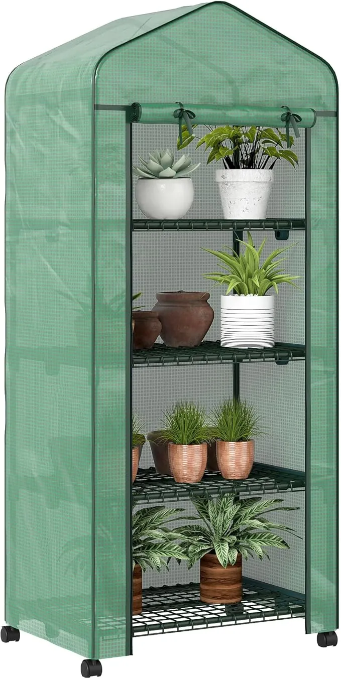 Outsunny Invernadero de Exterior con 4 Estantes y Ruedas, Invernadero de Jardín con Puerta Enrollable, Marco de Acero y Cubierta PE 140g/㎡ Anti-UV, Impermeable para Terraza, Patio, 70x50x165 cm, Verde