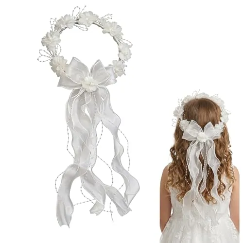 Accesorios para el pelo para comunión para niñas, corona de comunión, accesorio para el pelo para niñas, diadema para primera comunión, princesa, flores, diadema con flores y perlas para boda (blanco)