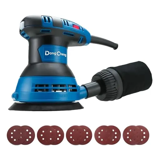 DongCheng lijadora excéntrica de 300 W, lijadora de 125 mm | 6 velocidades, 4.000-12.000 rpm, depósito recogepolvo, 10 hojas de lija, ideal para trabajar la madera y para bricolaje