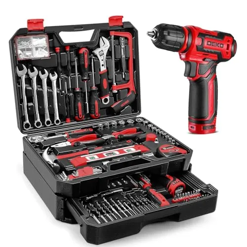 DEKO Caja Herramientas Completa Eléctricas 238 Piezas con 12V Taladro Eléctrico sin Cuerda, 10 mm Chuck sin Llave, Caja profesional de herramientas Domésticas de Bricolaje para Oficinas y Jardín, Rojo