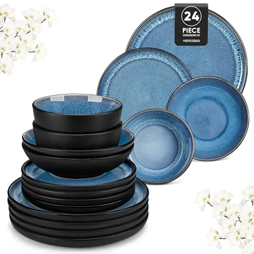 vancasso PLAYA Vajillas Completas 6 Personas, Platos Vajilla 24 Piezas de Gres - 6 Platos Llanos, de Postre, de Hondos y Cuencos, Apto para Lavavajillas - Esmaltado Reactivo Azul