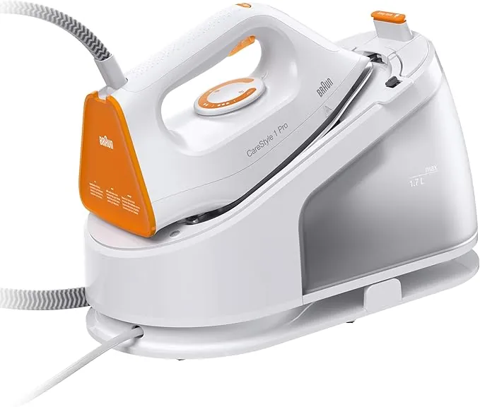 Braun CareStyle 1 Pro IS1511WH, Centro de Planchado con Tecnología FreeGlide 3D, Revestimiento SuperCerámico, Planchado Vertical, Antigoteo, Depósito de Agua de 1.7L Extraíble, 2200W, Blanco/Naranja