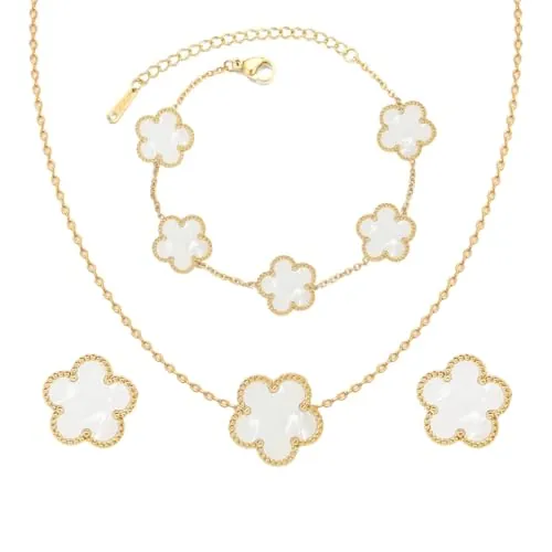 3 PCS Conjunto de Joyas para Mujer con Trébol de Cuatro Hojas, 18K Oro Plateado Acero Inoxidable Trébol de Cuatro Colgante Collar Pendientes Pulsera ,Collar de la Suerte Antialérgica para Mujer Niña
