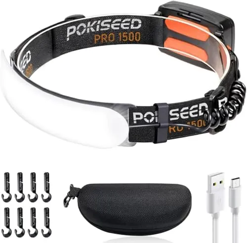 POKISEED Linterna Frontal LED Recargable 1500 Lúmenes, Linterna Cabeza USB-C 5000 mAh, Haz Ancho 230°, 3 Modos, IPX6 Impermeable, Ligera, Clips para Casco, para Correr, Camping, Caza, Pesca y Trabajo