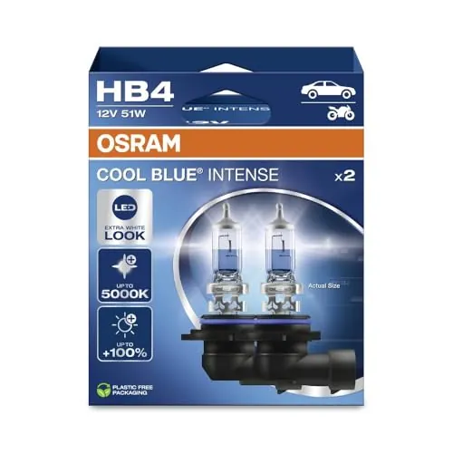 OSRAM COOL BLUE INTENSE HB4, +100% más de brillo, hasta 5.000K, lámpara de faro halógena, aspecto LED, caja plegable colgante (2 lámparas)