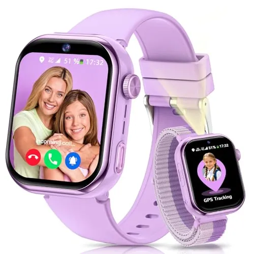 4G Reloj Inteligente Niña, Smartwatch Niña con GPS y Llamadas, Videollamadas, Chat de Voz, SOS, Modo Escuela, Doble Cámara, Linterna, Podómetro, Sueño, Despertador IP68 para Niñas Niños Púrpura