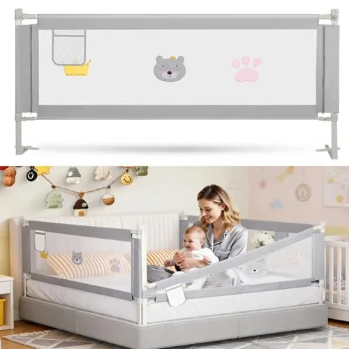 Vkechh Barrera de Cama para Niños 200 cm x 2 + 150 cm x 1, Barandilla de Seguridad Abatible con Altura Ajustable 70-98 cm, Protección Anticaídas para Cama Infantil, Gris
