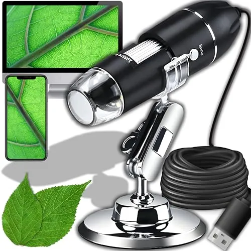 Retoo Microscopio Digital, Cámara De Endoscopio On Aumento De 1600x, Microscopio Digital Portátil con 8 Led, Cámara De Endoscopio De Mano con Estuche Y Soporte De Metal, para Android Windows
