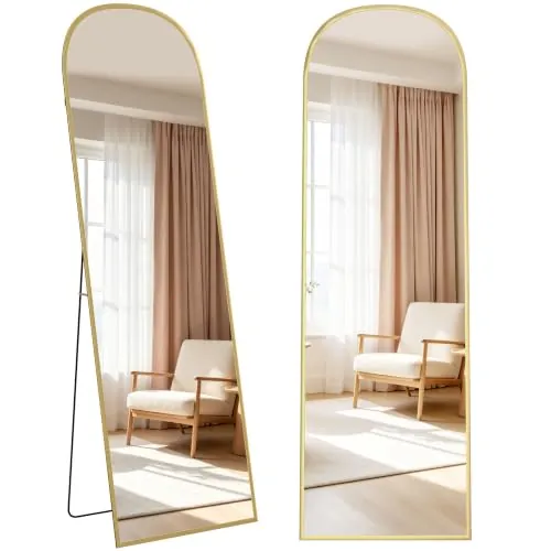 HOMCOM Espejo de Cuerpo Entero de Pie 170x50 cm Marco Aluminio Dorado | Espejo de Pie Alto, Diseño Arqueado, Independiente, Apoyado o Pared, Soporte, Dormitorio, Salón, Vestuario
