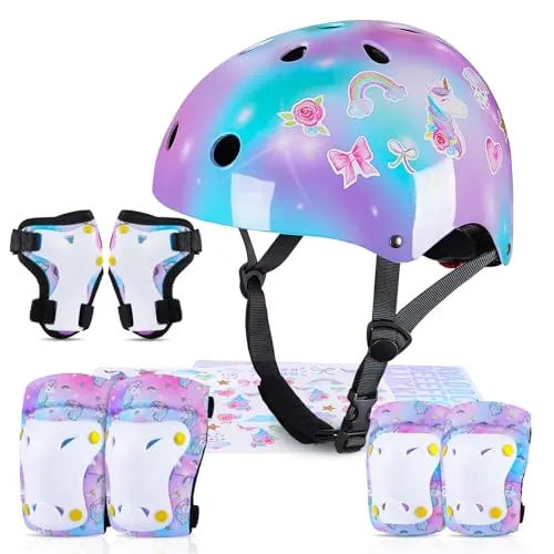 MHJY Casco Bicicleta Niño con Pegatinas DIY para Niñas Casco de Bici Edad 3-8 Años Rodilleras y Coderas de Unicornio Equipo de Protección Ajustable para Ciclismo, Skate, Patinete, Patines
