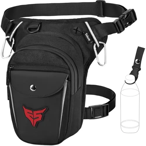 Eshow Pernera Moto Ampliable, Riñoneras con Portabotella y Tira Reflectante para Hombre y Mujer, Bolsa Pierna para Ciclismo Montañismo Viajes Senderismo Trabajo Camping Escalada Negro