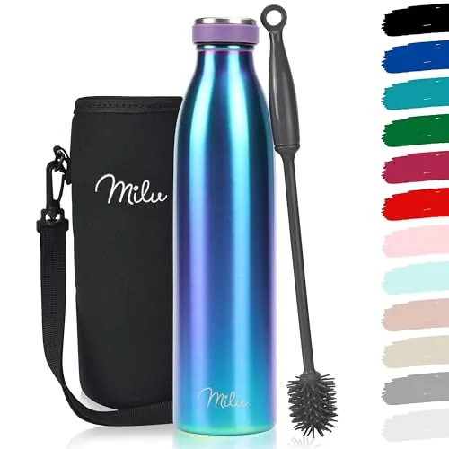 Milu Botella de acero inoxidable de 350ml 500ml 750 ml 1 L 1,5 L botella de agua aislada, termo a prueba de fugas, doble pared, apta para ácido carbónico + cepillo de limpieza (Aurora, 750ml)