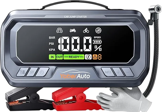 Arrancador de Baterias de Coche con Compresor de Aire, 8000A 160PSI YaberAuto Arrancador de Coche Portatil (Todo Gas/12,0L Diesel) con 65W Carga Rápida, Inflador, Pantalla Grande y Linterna LED