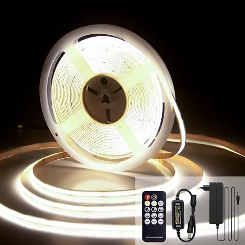 luktix Tira LED COB 10M, 4000K Tira LED blanca cálida, 24V Tira de luces LED Regulables, CRI92, 8 mm de Ancho, con Control Remoto y Fuente de Alimentación para Decoración Hogar, Cocina, Espejo