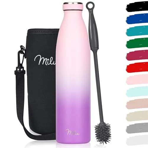 Milu Botella de acero inoxidable de 350ml 500ml 750 ml 1 L 1,5 L botella de agua aislada, termo a prueba de fugas, doble pared, apta para ácido carbónico + cepillo de limpieza (Violeta Rosa, 1L)
