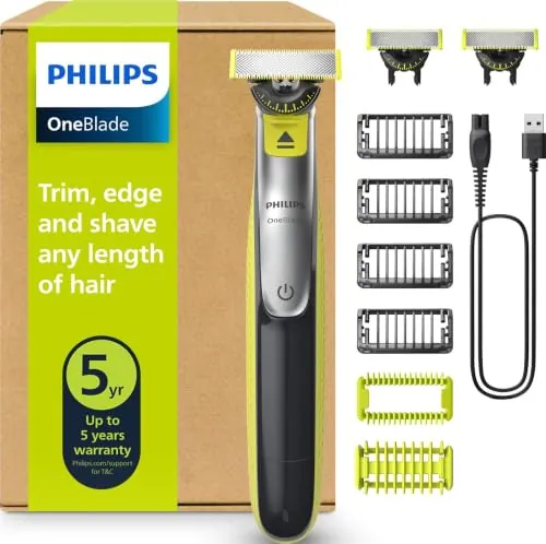 Philips OneBlade 360 Auténtico Barbero, afeitadora y recortadora eléctrica facial y corporal, 3x 360 cuchillas, 4x peine para barba incipiente (1,2,3,5mm), 1x kit corporal, QP2834/31