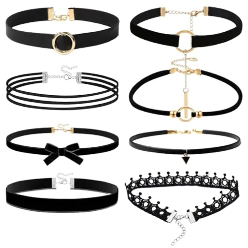 JEYORZY 8 pcs Choker Terciopelo Gargantilla Negro de Cinta para Mujeres, Gargantilla de Terciopelo de Cadena de Tatuaje, Collar Negras Gothic Ajustable Colgante