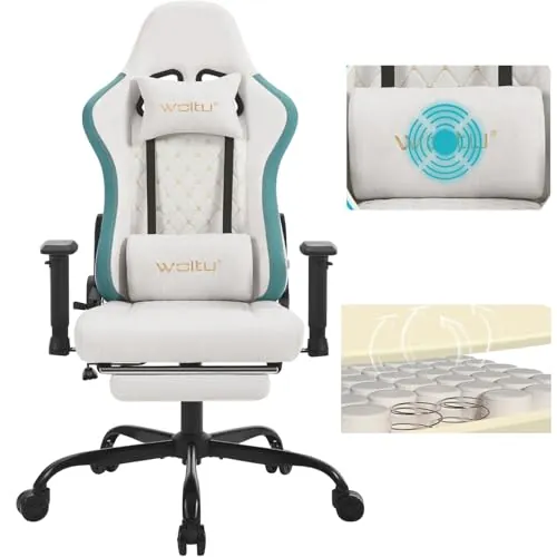 WOLTU Silla Gaming con Masajeador,Silla Ergonómica Escritorio,Azul+Blanco | con Reposacabezas y Soporte Lumbar, Asiento Ancho, 150 kg, Tela sintética