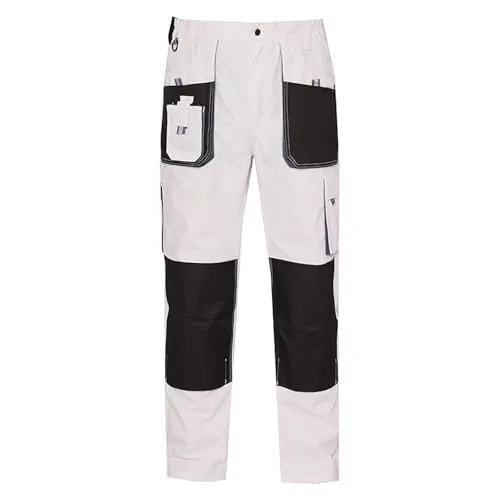 Work Idea Pantalones de Trabajo Oxford para Hombre, con Bolsillos en la Rodilla, Lona Resistente, Color Blanco, Talla L