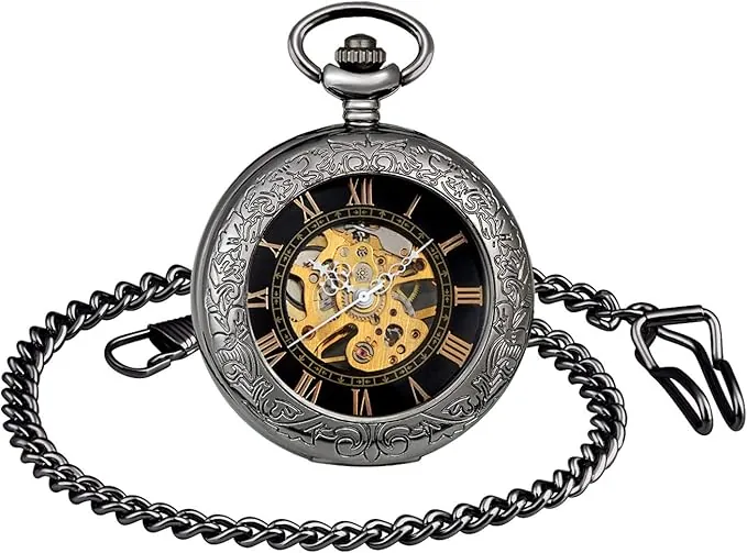 Reloj de bolsillo mecánico clásico analógico de cuerda manual con cadena