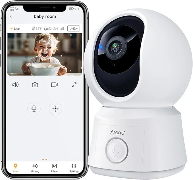 ARENTI 1080P Camara Vigilancia Bebe, 355° Videocámara Vigilancia Interior WiFi para bebé, Visión Nocturna, Detección de Movimiento y Ruido, Audio Bidireccional, Sensor de Temperatura (sin Monitor)