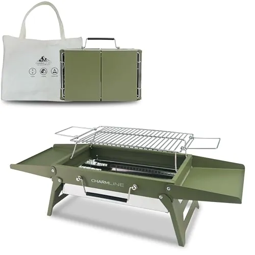 Charmline 35 * 23 cm Barbacoa de Carbón para Camping, Picnic, Jardín y Playa, Pequeña Parrilla Barbacoa Plegable para 1-3 Personas, BBQ Portátil para Uso en Exteriores, Verde