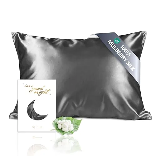 townssilk Funda de almohada de seda de 70 x 90 cm, 100 % seda de morera, 19 mm, con certificado Öko-Tex, grado 6A, con cremallera, 1 unidad, color gris oscuro