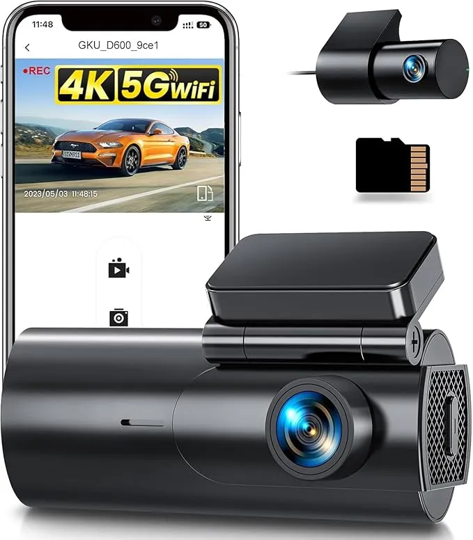 GKU Dashcam Cámara Coche 4K+1080P, 5GHz WiFi Dash CAM Coche con Tarjeta SD de 64GB,Camara Coche Grabadora,170° Gran Angular,Visión Nocturn,WDR,Sensor G,Monitor de Aparcamiento,Grabación de Bucle
