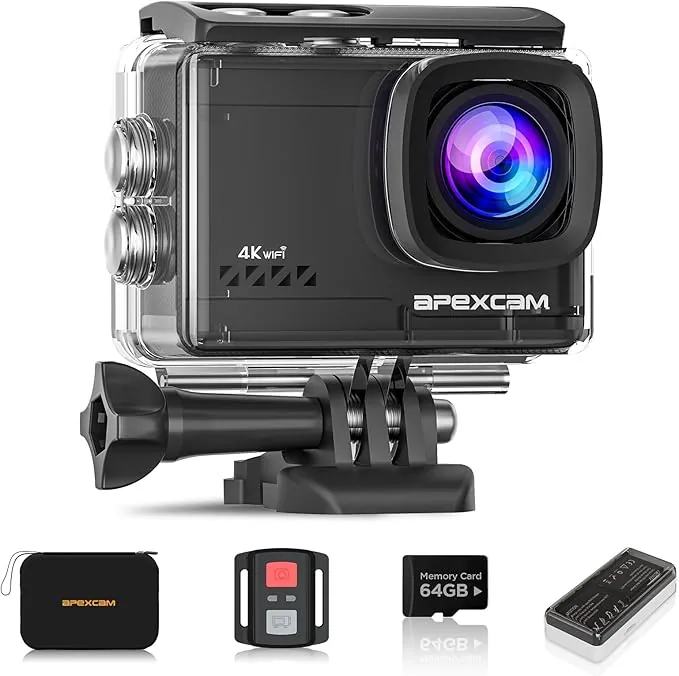 Apexcam Cámara Deportiva 4K con Tarjeta de Memoria de 64GB WiFi Cámara subacuática Impermeable 40M Action Camera 2.0'LCD Gran Angular 2.4G Remoto 2 baterías de 1350mAh y Accesorios Multiples