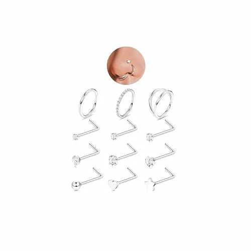 Diamday 12 Piezas Piercing Nariz Acero Quirurgico Forma L Plata Oro 18G CZ Nostril Piercing Labio Oreja Cartilago Tragus Helix Joyería Piercing del Cuerpo Mujer Hombre