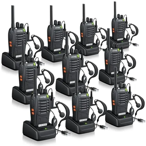 eSynic 10PCS Walkie Talkies de Larga Distancia con Auriculares Walkie-Talkie Profesional 16 Canales 1500mAh con Cargador USB Soporta VOX para Sobrevivir en el Campo Ciclisimo