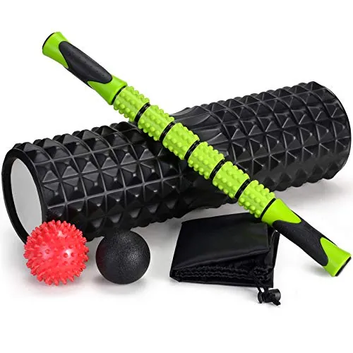 Odoland Rodillo de espuma, rodillo de masaje 5 en 1, rodillo de espuma con puntos de activación + rodillo muscular + bolas de masaje + bolsa de transporte para crossfit, pilates