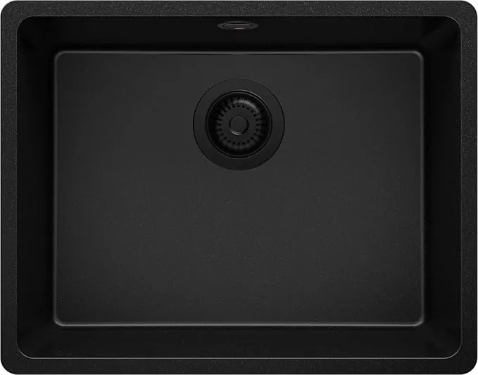 PRIMAGRAN Fregadero bajo Encimera Todo Negro 56x44cm, Cocina 1 Seno + Sifón, Granito al mueble 60cm - Venecia Easy S043