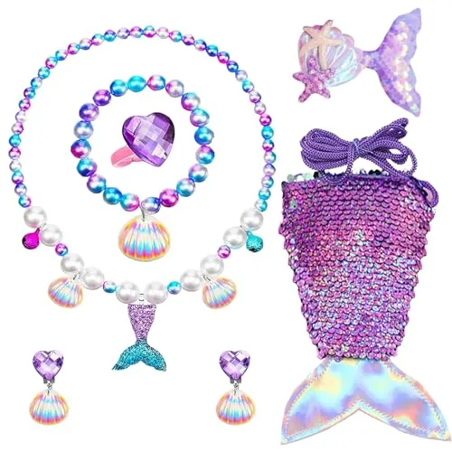 AUNGKWANG 7 Piezas Juego de Joyas de Sirena, Disfraz Sirenita Niña, Diseño Sirena Pequeña, Collar, Pendientes, Pulseras, Anillos, Conjuntos de Joyas Para Niñas a Partir de 3 Años