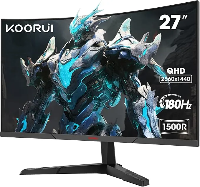 KOORUI 27E6QCA Monitor Curvo Gaming QHD 27 Pulgadas, 1500R, 2560x1440, 180Hz, 1ms, 4000:1, Adaptive Sync, 10Bits, 2xHDMI2.0, DP1.4, Inclinación, Eye Care, VESA