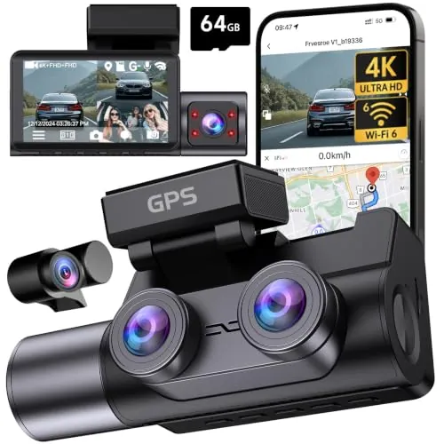 Frvesroe Dashcam 4K 3 Canales para Coche, GPS WiFi 6, Tarjeta 64GB Gratis