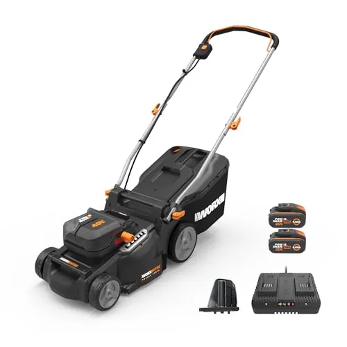 WORX Cortacésped WG737E Nitro con batería de 40 V (2 x 20 V), Potente Motor sin escobillas, Ancho de Corte de 37 cm, 6 Niveles de Altura de Corte (20 – 70 mm), Saco recogedor de césped de 40 l,