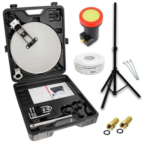 Premium X Mobile Camping TV SAT Sistema de antena satélite Maleta Single LNB 10 m Cable 2 X Conector F trípode trípode