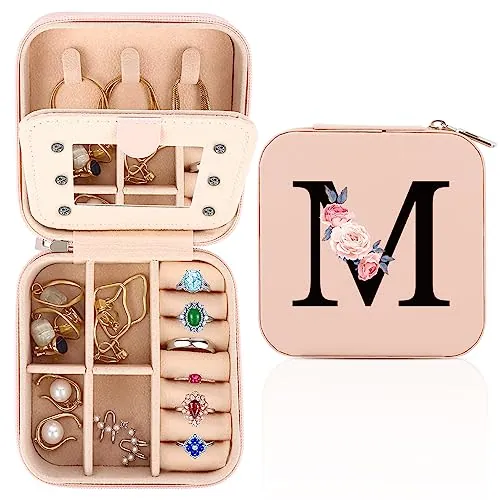 FIDWALL Joyero Viaje, Joyero con Monograma, Joyero Pequeño, Pequeño Joyero de Viaje con Espejo, Regalo de Cumpleaños para Mujer, BáSico de Viaje, Ideal para El Cumpleaños de la Madre(M)