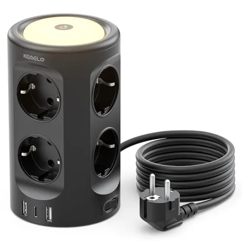 Torre Regletas Enchufes, Regleta USB 8 Tomas de AC y 3 USB, 2M Torre Enchufes Vertical con luz Nocturna y Interruptor,Regleta Enchufes Proteccion Sobretension, Enchufe Multiple para Mesa, Oficia, Casa