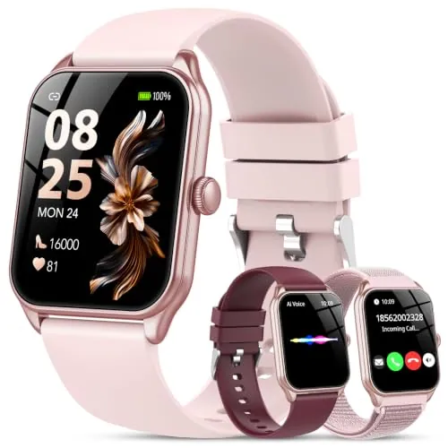 Reloj Inteligente Mujer-3 Correas, Llamadas Bluetooth y Voz AI, Whatsapp Notificación,1.83" Smartwatch Mujer con SpO2 Pulsómetro Monitor de Sueño,120+Modos Deportes, Impermeable IP68 para iOS/Android