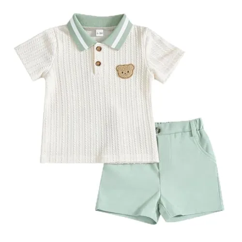 LUVCES Conjunto Verano Ropa para Bebé Niño Lindo Polo con Estampado de Oso + Cintura Elástica Pantalones Cortos y Bolsillos 2 Piezas Trajes de Primavera Verde 18-24 Meses