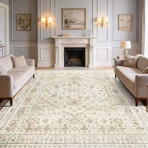 Capslpad Alfombra vintage beige y marrón para salón, 240 x 340 cm, retro, antideslizante, de pelo corto, alfombra de lana sintética, lavable, suave, para salón, dormitorio, oficina, zona de comedor
