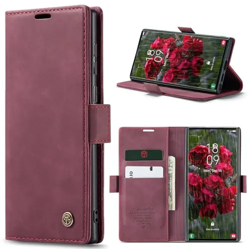 Azororo Funda para Samsung Galaxy S24 Ultra 5G PU Cuero Premium, Tapa Libro Estuche Flip Case, Tarjetas/Billetera, Soporte Plegable y Cierre Magnético Carcasa para Samsung Galaxy S24 Ultra -Vino Rosso